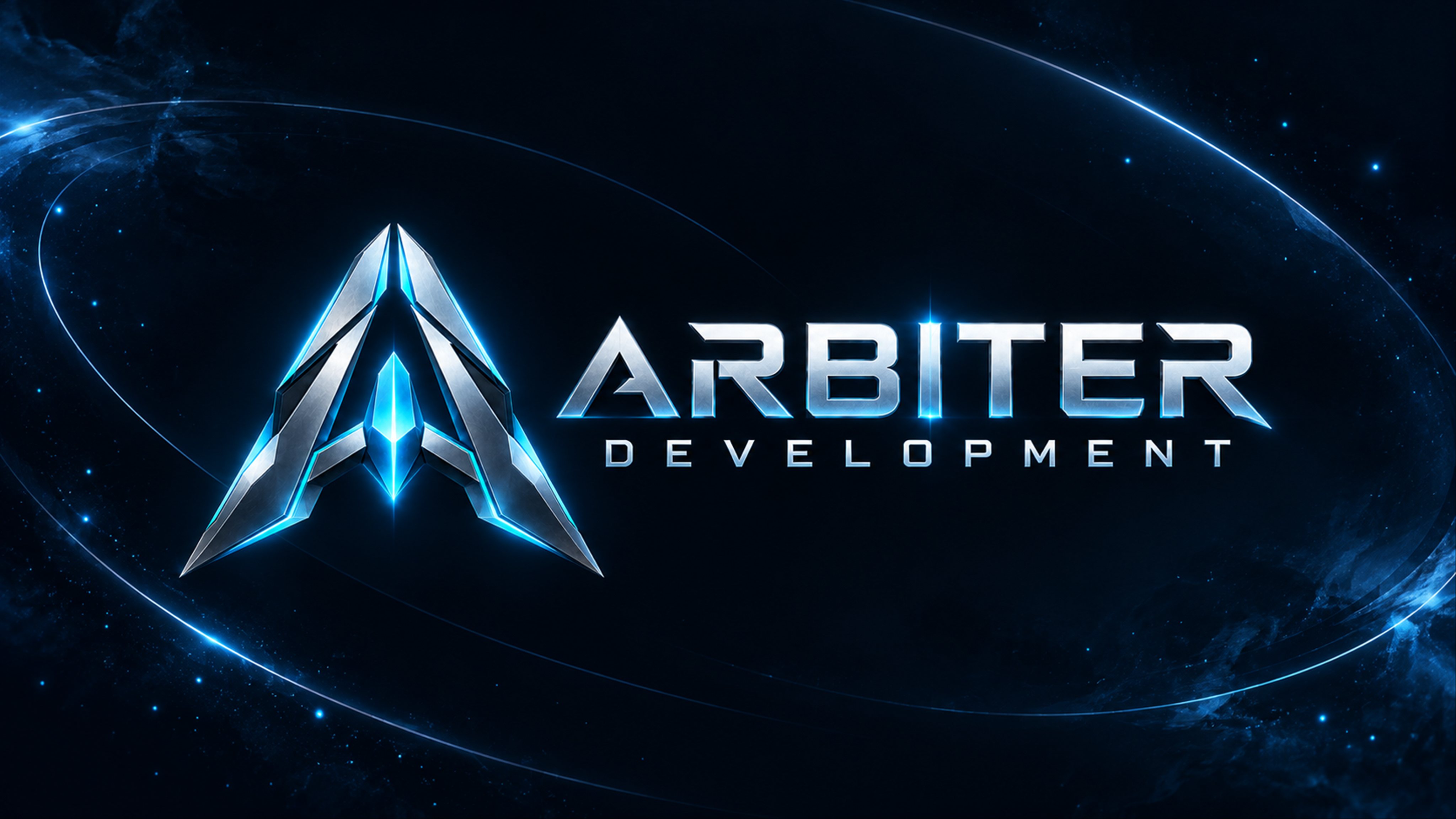 Arbiter Development logo: a silver and blue A emblem in space